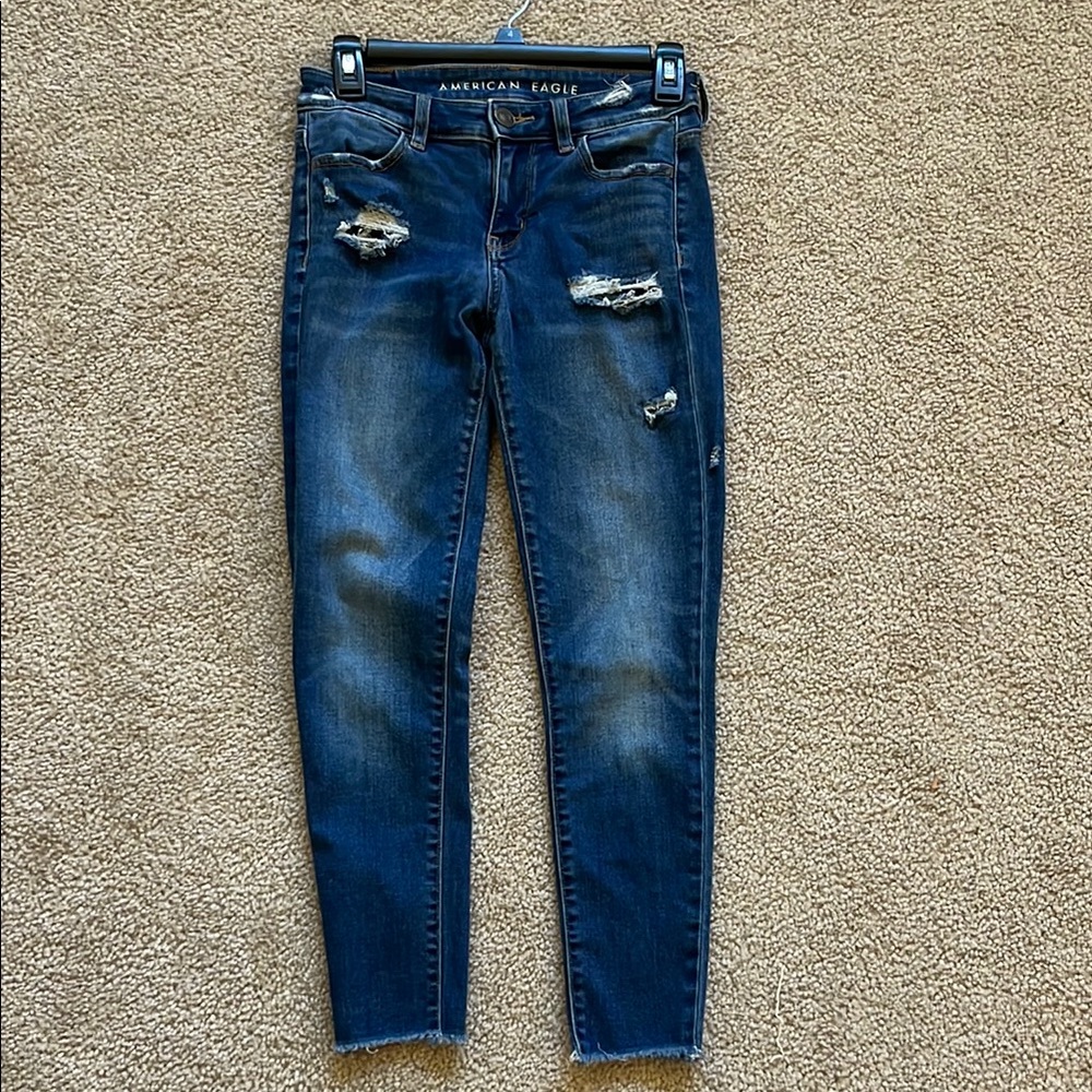 American Eagle Outfitters Blue Skinny Jeans with Distressed Details